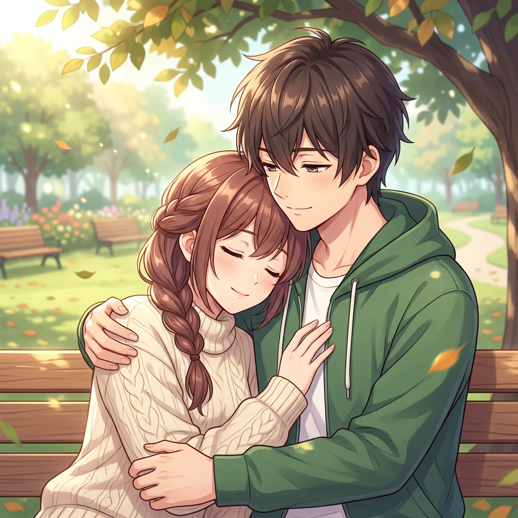 Young couple embracing on a park bench with falling leaves