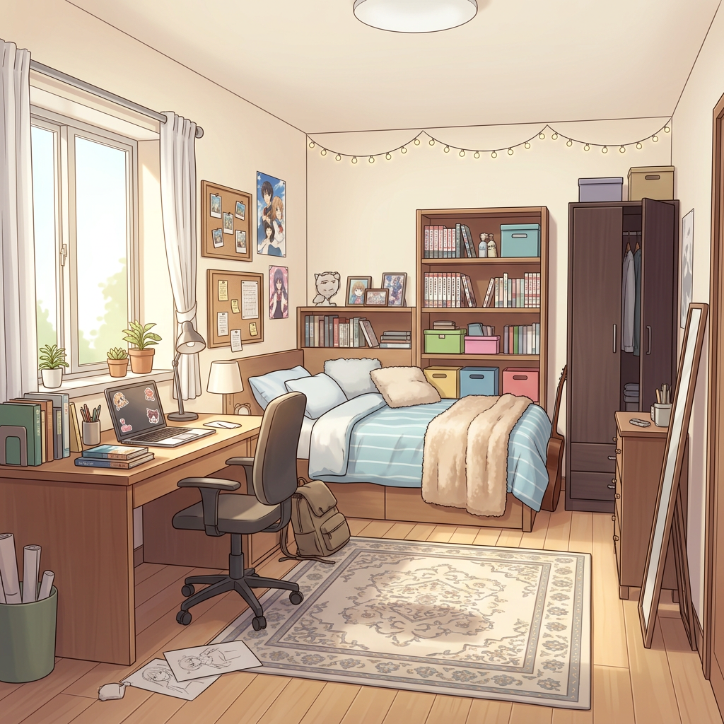 Anime-style room interior furniture layout background