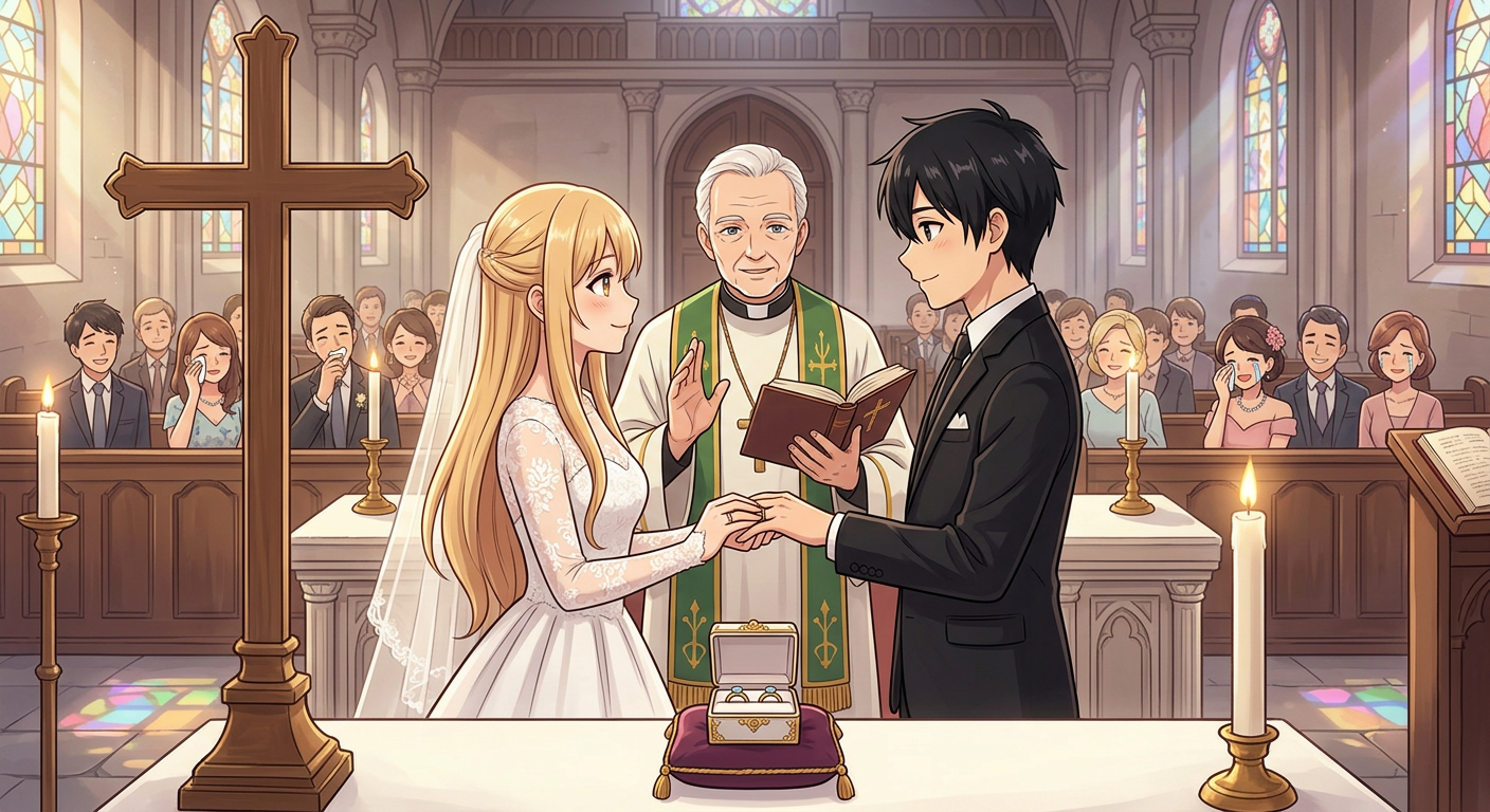 Bride and groom holding hands during wedding ceremony in church with priest and guests