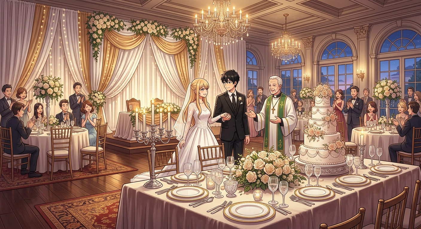 Bride and groom holding hands during wedding ceremony in church with priest and guests