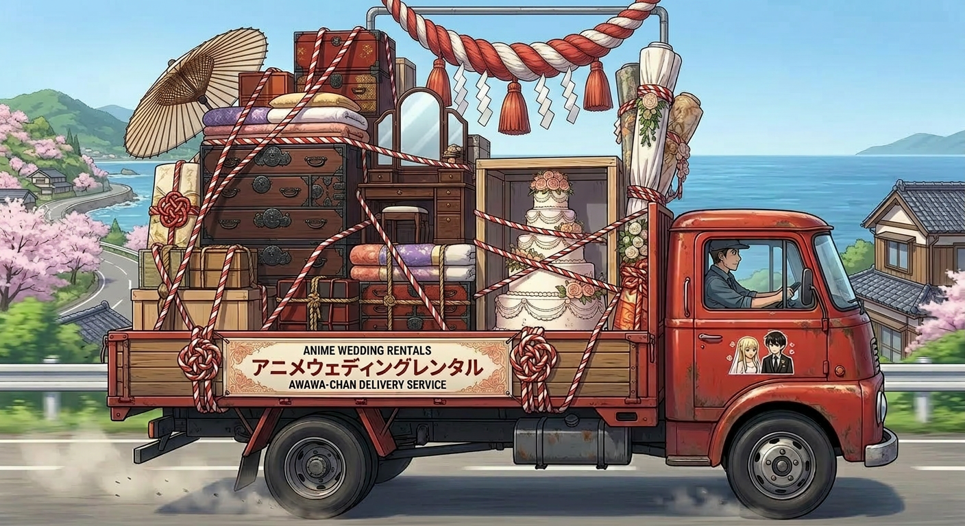 Red delivery truck carrying wedding items and furniture with coastal scenery